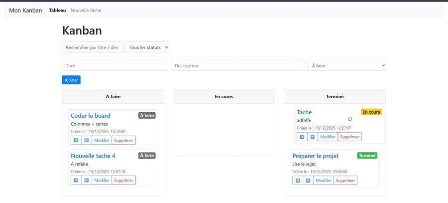 Tableau Kanban avec colonnes À faire / En cours / Terminé